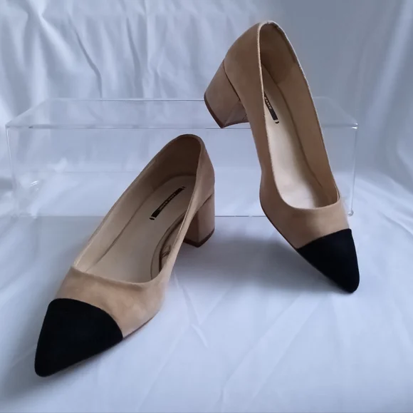 Zara Two-tone Microsued Block Heel Shoes In Tan and Black - Picture 9 of 10
